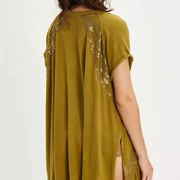 Free People Tempest Knit Tee Oversized Ruffle Hi Low Lace Green Moss Dress S - Picture 3 of 7